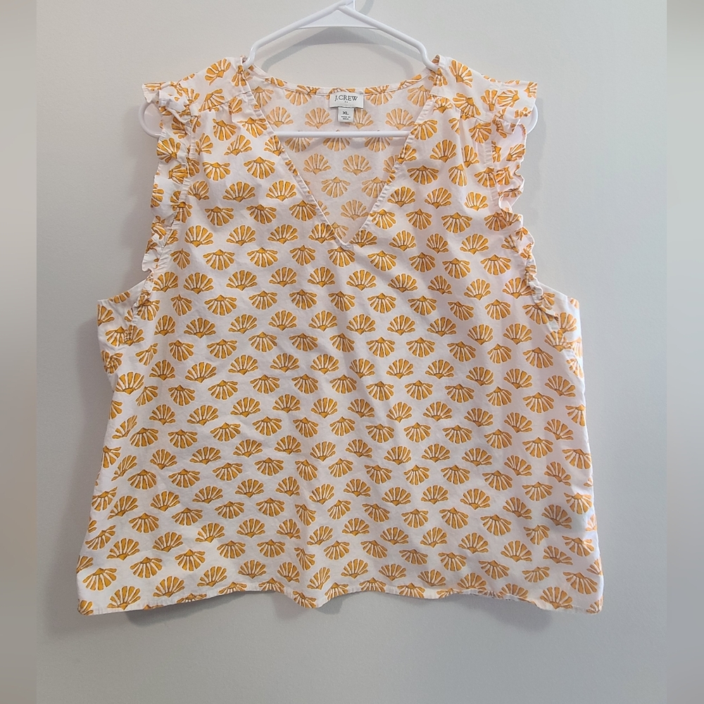 J. Crew Women's Yellow Patterned Top Yellow Sleeveless Printed V-Neck Tank XL